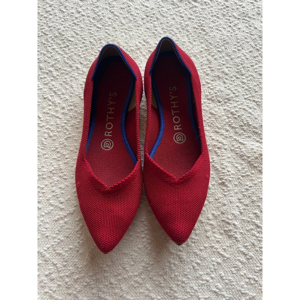 Rothy's Red Pointed Knit Flats with Navy Trim